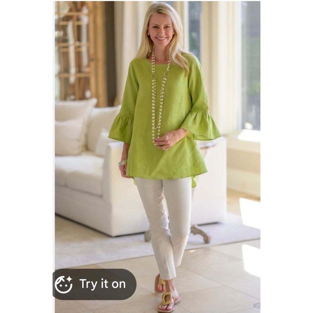 Crown Linen Designs Lime Green 100% Linen Ruffle Bell Sleeve Tunic Top XL b2